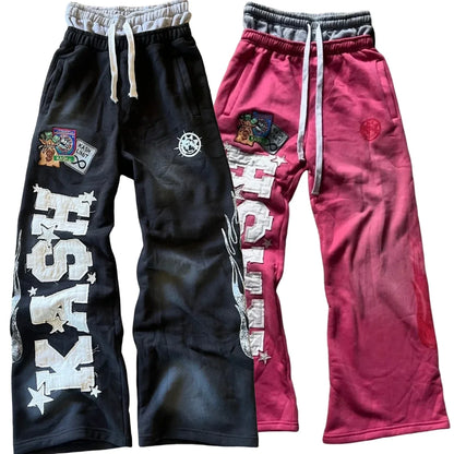American Y2K Pants Baggy Sweatpants Letter Patch Retro Double Layer Design Men Hip Hop Gothic Elastic Waist Jogging Casual Pants