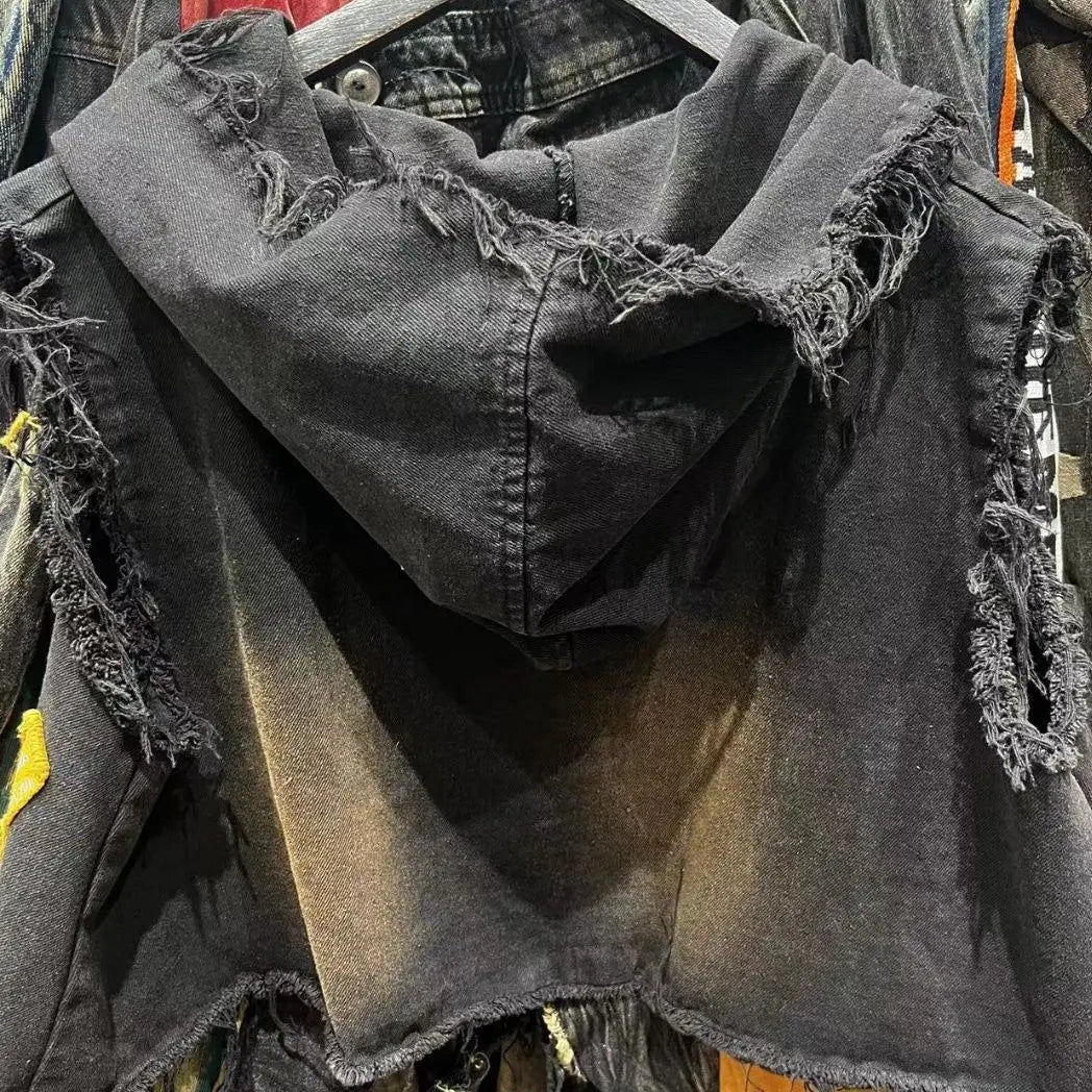 American retro old wash jeans vest women's fashion high-end stitching hole design short sleeveless hooded patch coat jacket.