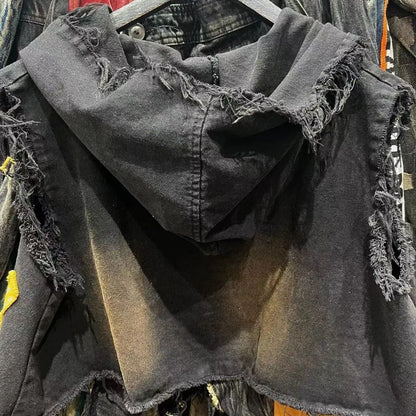 American retro old wash jeans vest women's fashion high-end stitching hole design short sleeveless hooded patch coat jacket.