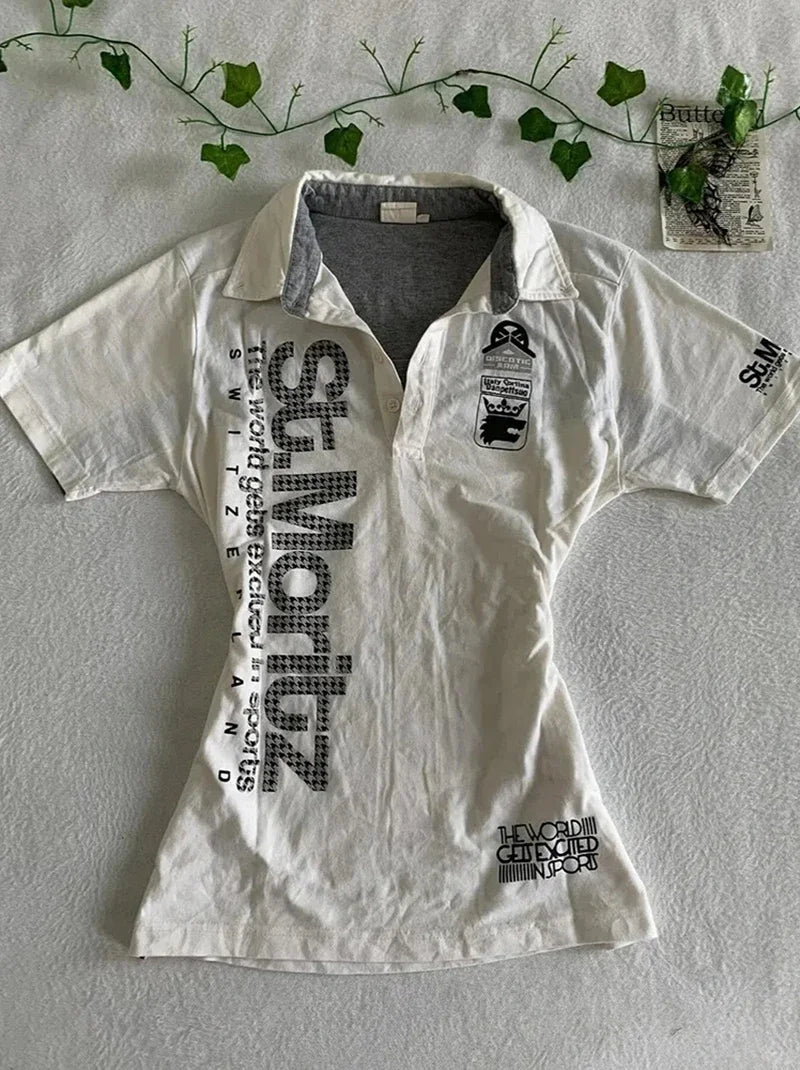 Y2K Japanese Streetwear Polo Shirt Women Slim Crop Tee 2025 White Short Sleeve Tops Letter Badge Houndstooth Vintage Harajuku