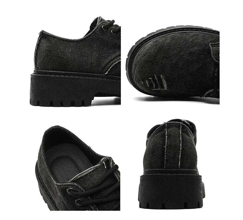 Men's Distressed Denim Derby Shoes Chunky Grunge Platform Boots Avant-Garde Bulky Toe Niche Streetwear Footwear for Trendy Youth