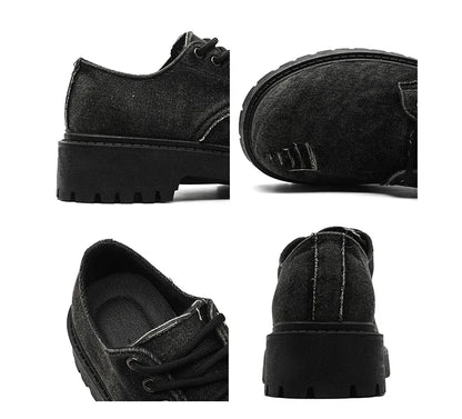 Men's Distressed Denim Derby Shoes Chunky Grunge Platform Boots Avant-Garde Bulky Toe Niche Streetwear Footwear for Trendy Youth