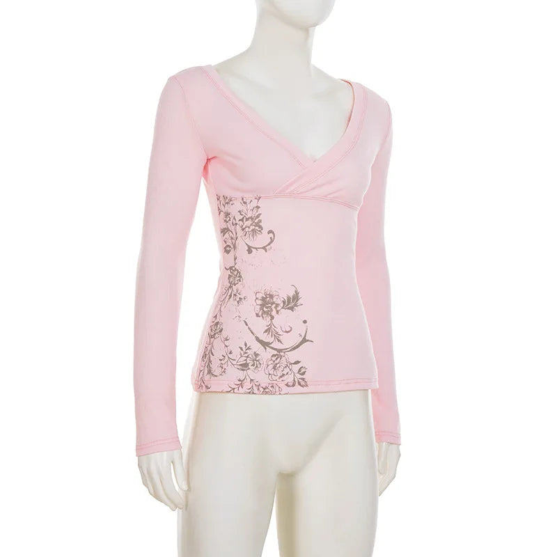 Pink Floral Print Women Fairy Y2K T-shirt Coquette V Neck Long Sleeve Tees Autumn Spring Casual Pullovers Tops Vintage Clothes