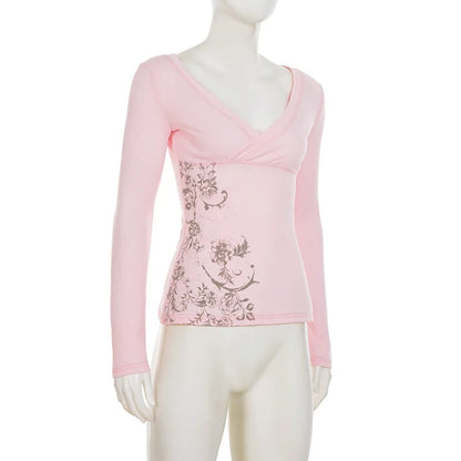 Pink Floral Print Women Fairy Y2K T-shirt Coquette V Neck Long Sleeve Tees Autumn Spring Casual Pullovers Tops Vintage Clothes
