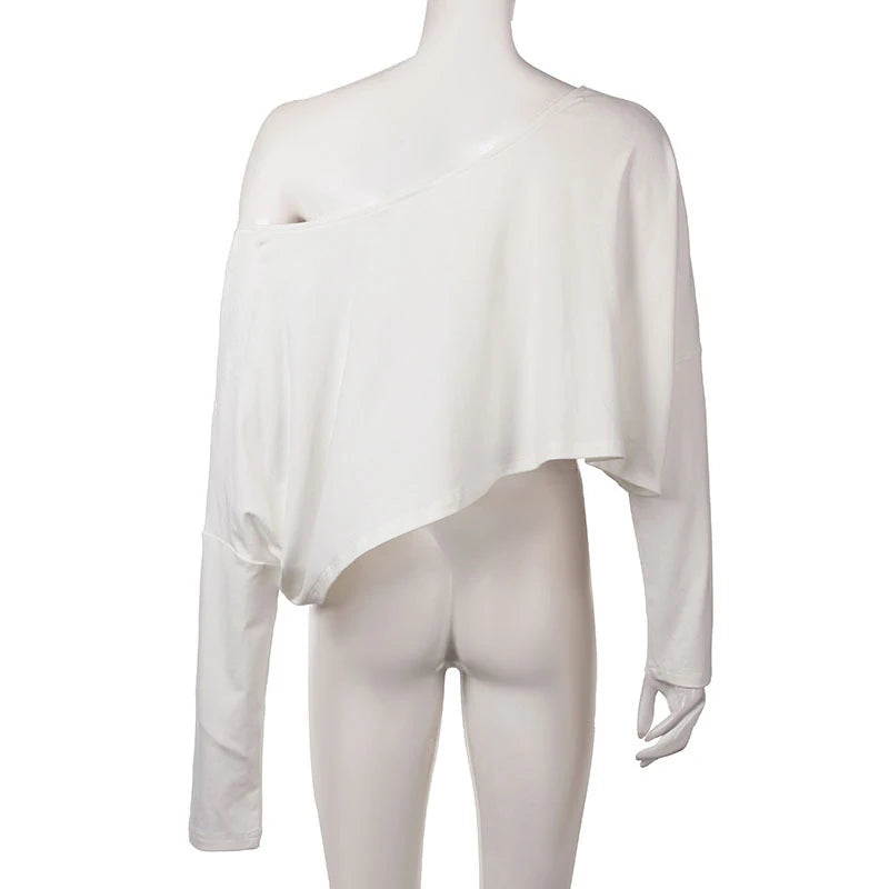 Streetwear Off-shoulder Crop Top Vintage 2000s White Long Sleeve Loose T Shirts Women Casual Autumn y2k T-shirt Harajuku