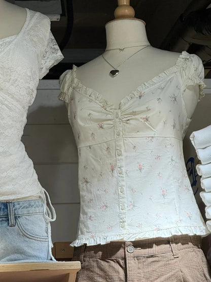 Ruffles White Basic Blouse Top for Woman Summer Folds Single Breasted Sleeveless Tank Tops Casual Cotton Vest Y2k Sweet Camisole