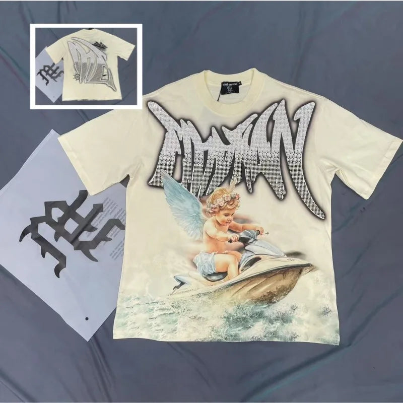 Fashion Brand MIXED EMOTION T-shirts Men Women Couple Streetwear Angel Print Summer Top Tee Round Neck Short Sleeve