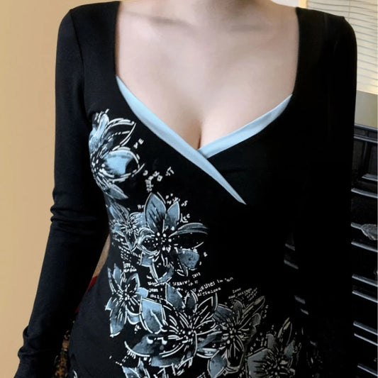 American retro contrasting color V-neck printed spicy girl slim fit T-shirt autumn Y2K Harajuku style punk sexy backless top