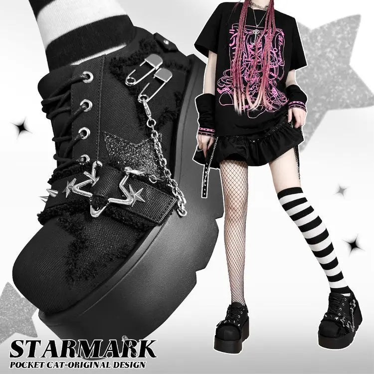 2024 New Y2K Star Print Chunky Platform Ankle Boots Women Metal Chain Blue Denim Boots Woman Cute Thick Bottom Jk Lolita Shoes