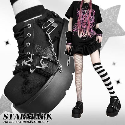 2024 New Y2K Star Print Chunky Platform Ankle Boots Women Metal Chain Blue Denim Boots Woman Cute Thick Bottom Jk Lolita Shoes