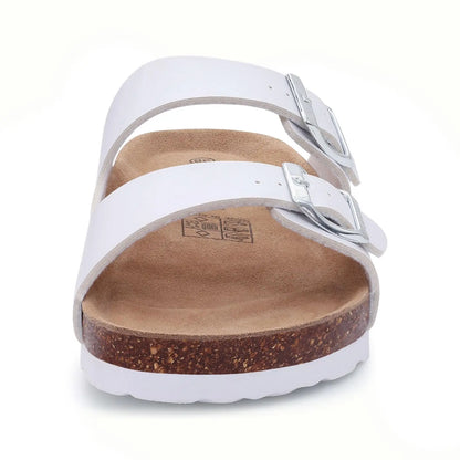 Comwarm Fashion Men Leather Sandals Summer Cork Footbed Slide Sandals Beach Sandals Unisex Brand Sandals with Adjustable Buckle