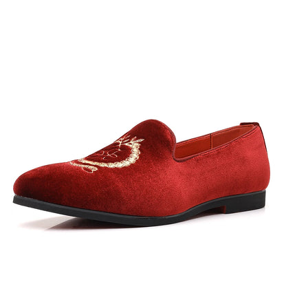 Men's Leather Shoes Velvet Embroidery Pointed Dress Shoes Men's Business Shoes Soft Soled Loafers Casual Flat Shoes