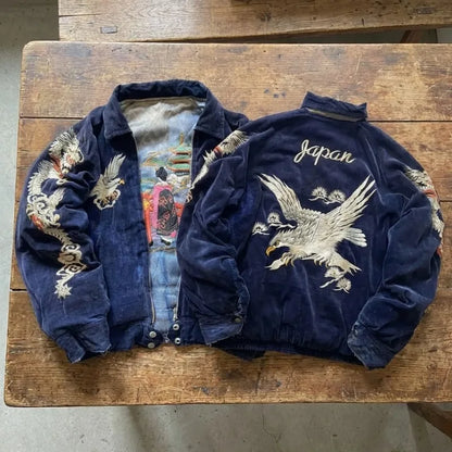 Y2K Vintage Harajuku Embroidery Sukajan Jacket Women Men Retro Dragon Eagle Bomber Coat Streetwear Oversized Souvenir Jackets