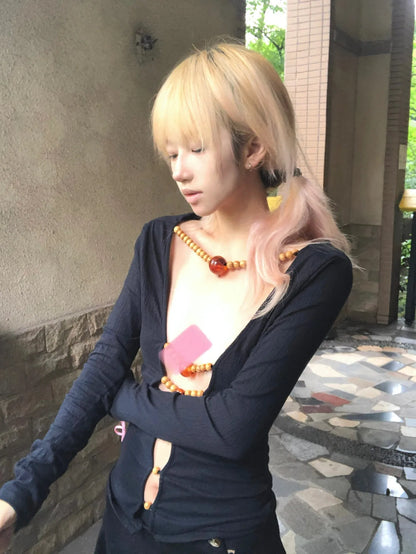 Karrram Japanese Y2k Hollow Out Tops Vintage Harajuku Beaded T Shirt 2000s Aesthetics Long Sleeve Slim T-shirts American Retro