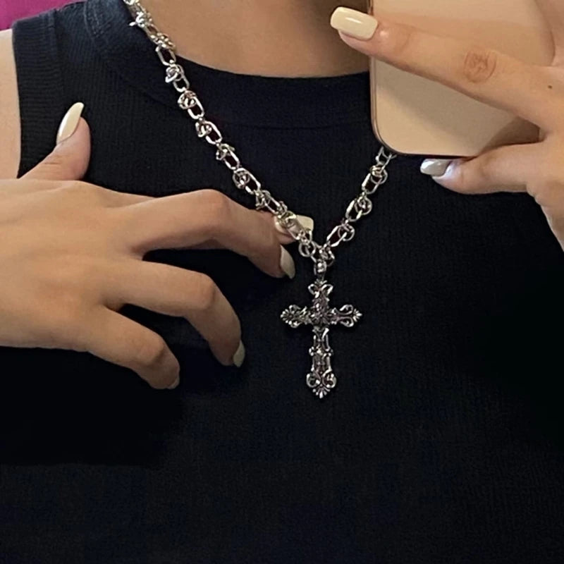 Vintage Cross Pendants Necklace for Women Kpop Punk Chain Necklaces Long Korean Fashion Retro Jewelry on The Neck Gift