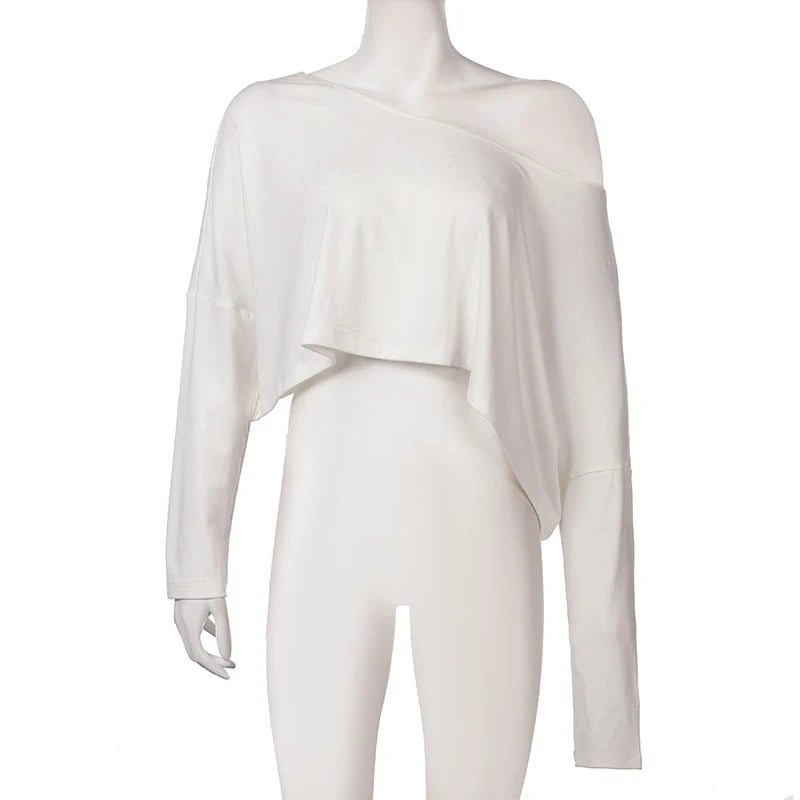 Streetwear Off-shoulder Crop Top Vintage 2000s White Long Sleeve Loose T Shirts Women Casual Autumn y2k T-shirt Harajuku