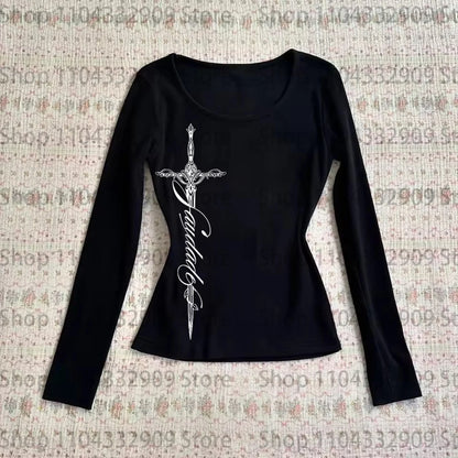 Y2K Harajuku Aesthetic Gothic Fairycore Long Sleeve Tee Character Slim Chic Print Casual Crop Top Grunge Punk Hip Hop Streetwear