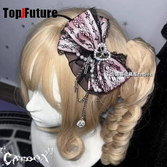 heavy industry Gothic Lolita cosplay  black pink Lolita lovely Japanese girl Harajuku subculture bow lace love pearl headband