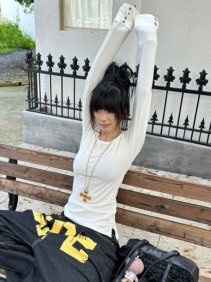 Tonngirls American Retro Print T-shirt Women Long Sleece Button Graphic Tops Y2k Tops 2000s Japanese Grunge Tops E-girls Autumn