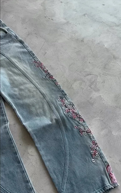 Y2k Vintage Baggy Fallen Knight Cherry Blossom Embroidery Jeans Men Women Fashion Straight Wide-leg Denim Pants Streetwear Jean
