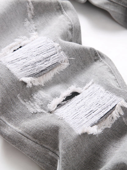 Y2K Men's Jeans - Fashionable Gray Mid-Rise Straight-Leg, Ripped Embroidered Vintage Washed Street Denim