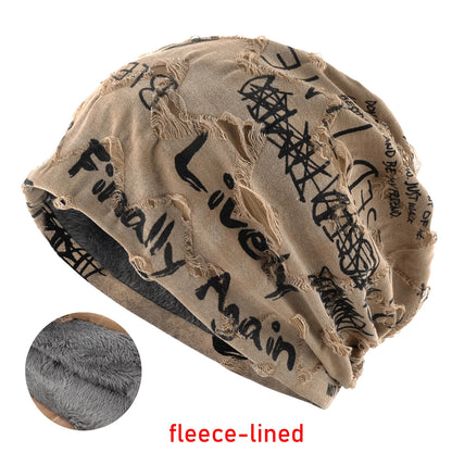 Letter Print Beanie Hats For Women Men Vintage Distressed Cracked Design Wasteland Style Spring Summer Warm Fleece-lined Winter