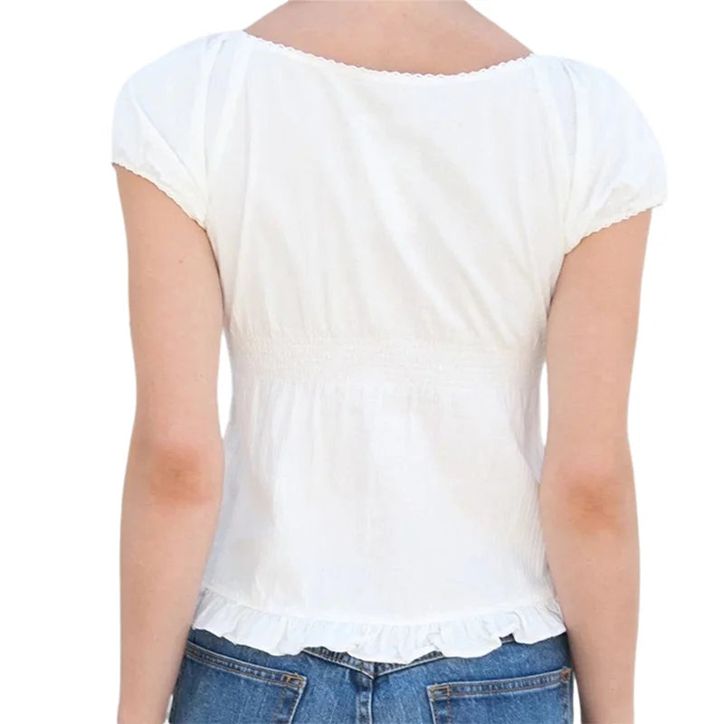 Y2K Fairy Grunge Crop Top for Women Short Sleeve Lace Patchwork T-Shirt Aesthetic Slim Fit Cute Babydoll Top Tees