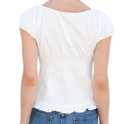 Y2K Fairy Grunge Crop Top for Women Short Sleeve Lace Patchwork T-Shirt Aesthetic Slim Fit Cute Babydoll Top Tees