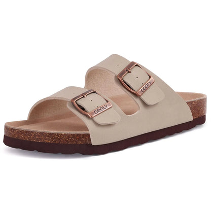 Comwarm Fashion Men Leather Sandals Summer Cork Footbed Slide Sandals Beach Sandals Unisex Brand Sandals with Adjustable Buckle