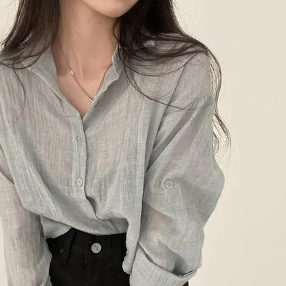 Trendy Shirt Blouse Simple Thin Pure Color Anti-UV Shirt Anti-fade Shirt Top Women Solid Color Sun Protection Shirt Streetwear