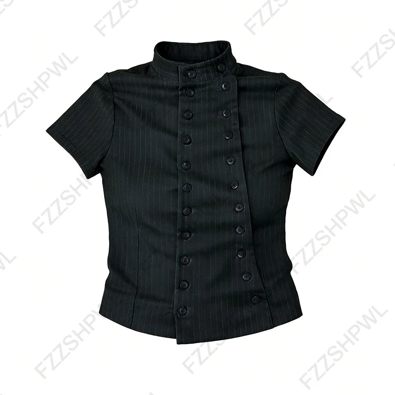 Y2K Vintage Aesthetics Women's Blouse Sexy Slim Fit Chic Button Design High-Neck Short-Sleeve T-Shirt Fashion Female Streetwear
