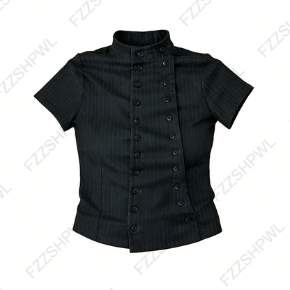 Y2K Vintage Aesthetics Women's Blouse Sexy Slim Fit Chic Button Design High-Neck Short-Sleeve T-Shirt Fashion Female Streetwear