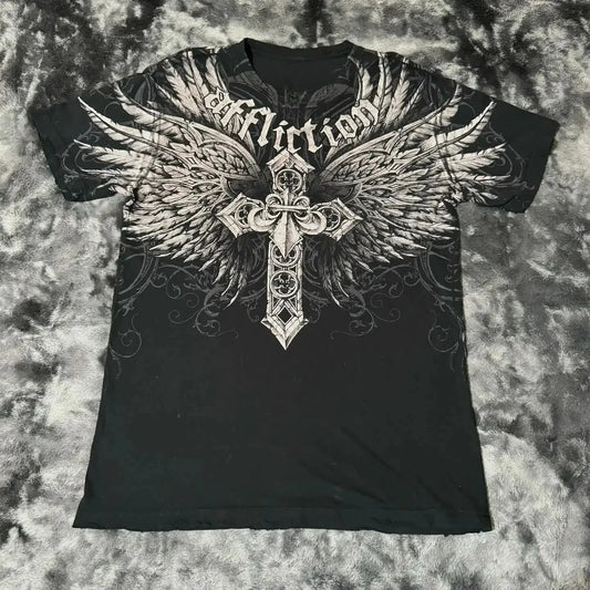 2000s affliction T-shirt Vintage Clothing Punk Hip Hop Graphic Print Oversized T shirt Men Round Neck Cotton Short Sleeve Tops