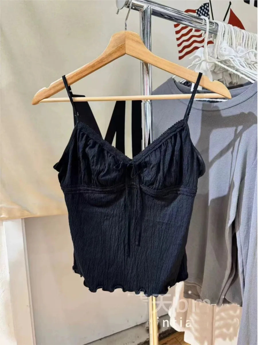 Floral Print Bow V Neck Camis Women Chic Lace Trim Sleeveless Slim Crop Tops Vest Sweet Casual Fashion Raw Hem Tank Top Y2k New