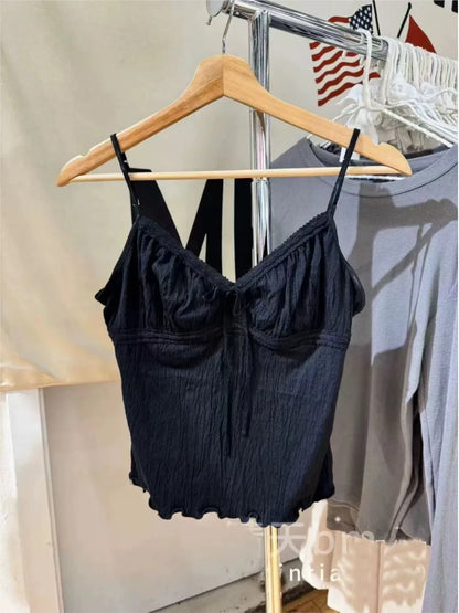 Floral Print Bow V Neck Camis Women Chic Lace Trim Sleeveless Slim Crop Tops Vest Sweet Casual Fashion Raw Hem Tank Top Y2k New