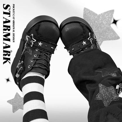 2024 New Y2K Star Print Chunky Platform Ankle Boots Women Metal Chain Blue Denim Boots Woman Cute Thick Bottom Jk Lolita Shoes
