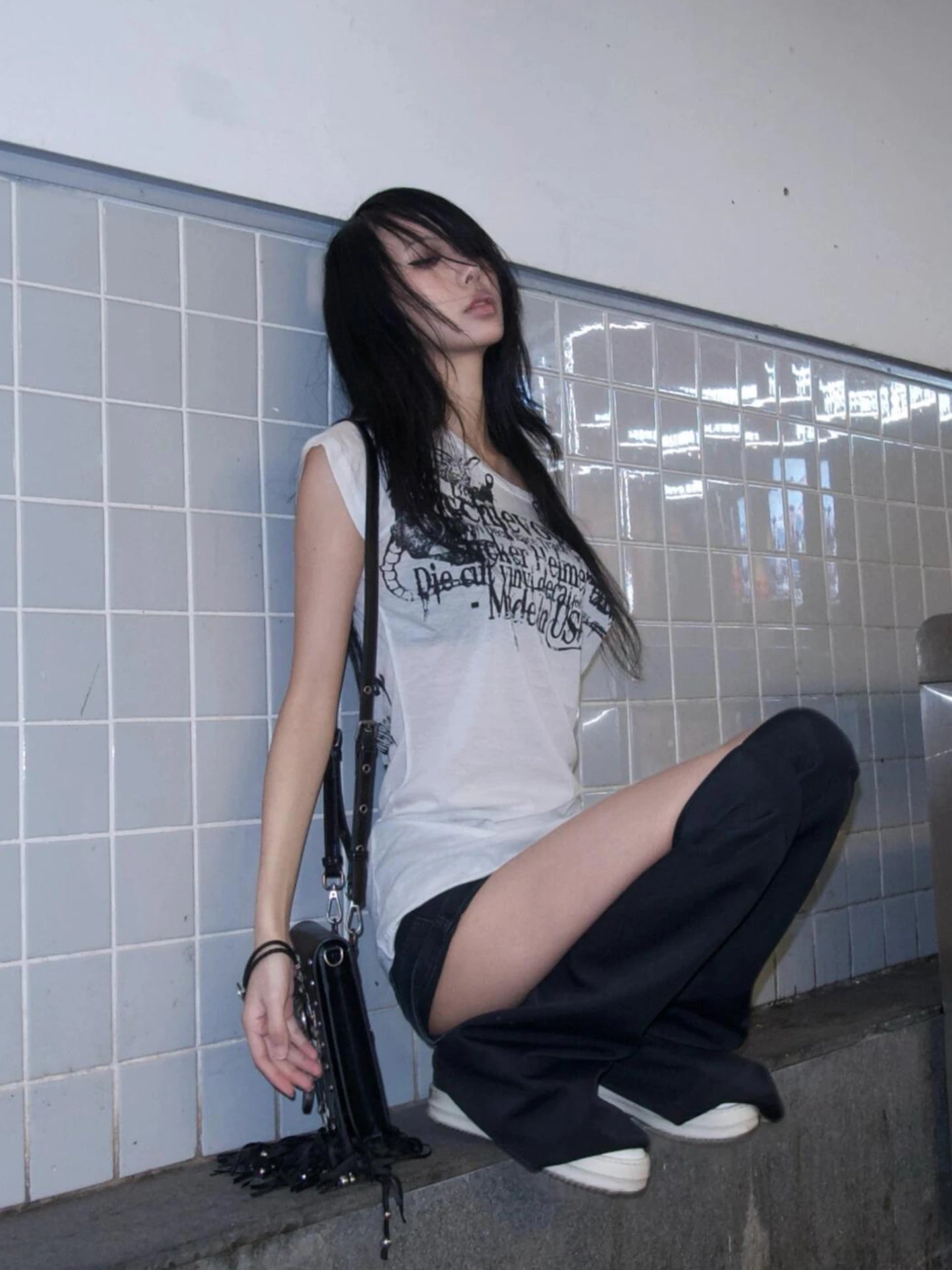 Karrram Japanese Y2k Letter Print T-shirt Trashy 2000s Style Tattoo T Shirt Vintage Harajuku Short Sleeve Sheer Tops Grunge Goth