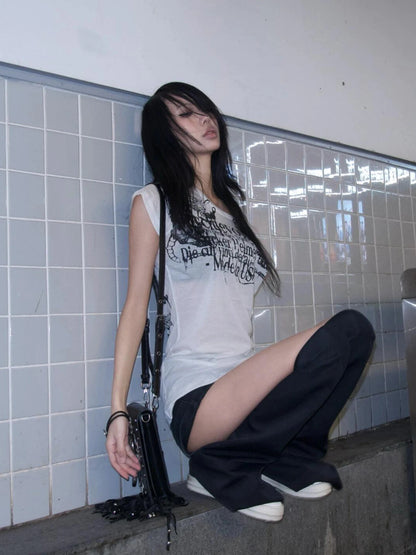Karrram Japanese Y2k Letter Print T-shirt Trashy 2000s Style Tattoo T Shirt Vintage Harajuku Short Sleeve Sheer Tops Grunge Goth