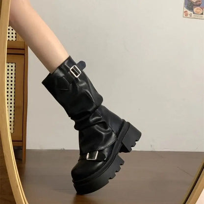 New Design Women Biker Boots Platform Belt Buckle Women's Knee High Booties Harajuku Gladiator Y2K Punk Mid Pipe Booties Girls