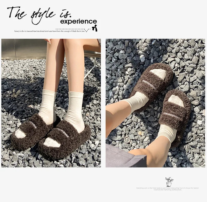 Thick Soled Plush Slippers for Autumn and Winter Versatile and Cute Fashionable and Small Waist Cotton Slippers for Home Use