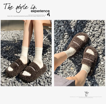 Thick Soled Plush Slippers for Autumn and Winter Versatile and Cute Fashionable and Small Waist Cotton Slippers for Home Use