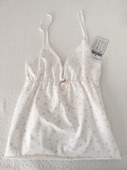 Floral Print Bow V Neck Camis Women Chic Lace Trim Sleeveless Slim Crop Tops Vest Sweet Casual Fashion Raw Hem Tank Top Y2k New