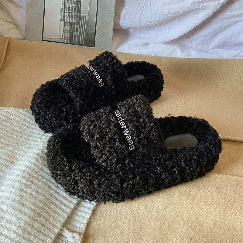 Thick Soled Plush Slippers for Autumn and Winter Versatile and Cute Fashionable and Small Waist Cotton Slippers for Home Use
