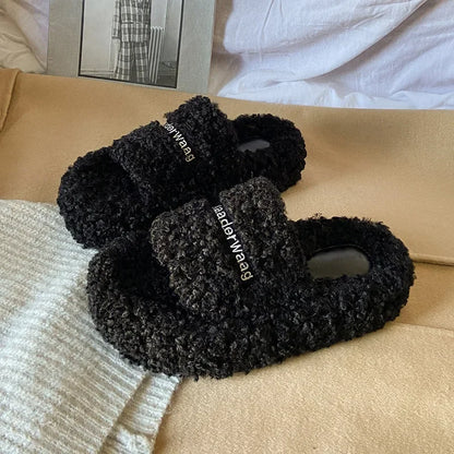 Thick Soled Plush Slippers for Autumn and Winter Versatile and Cute Fashionable and Small Waist Cotton Slippers for Home Use