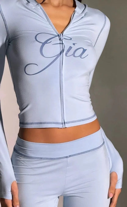 Gia zip-up cap long sleeve high spring top & low waist micro flared pants