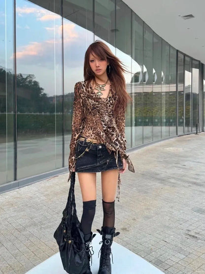 karrram Japanese Y2k Leopard Print Shirt Vintage Harajuku Ruffled Blouses Grunge Aesthetics V-neck Irregular Shirt Trashy 90s