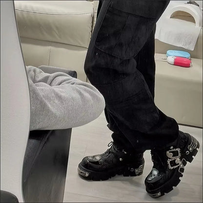 Cowhide Rock Flame Trend Carving Dark Punk Small Leather Skull Design Low-top Gothic Thick-soled Single Shoes