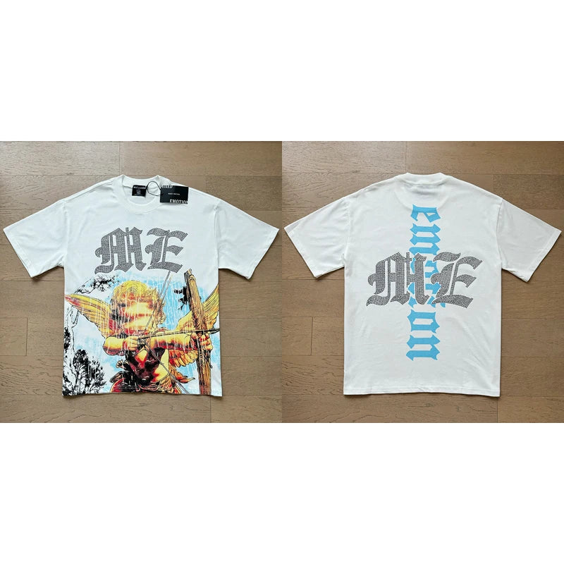 Fashion Brand MIXED EMOTION T-shirts Men Women Couple Streetwear Angel Print Summer Top Tee Round Neck Short Sleeve
