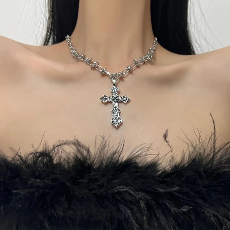 Vintage Cross Pendants Necklace for Women Kpop Punk Chain Necklaces Long Korean Fashion Retro Jewelry on The Neck Gift