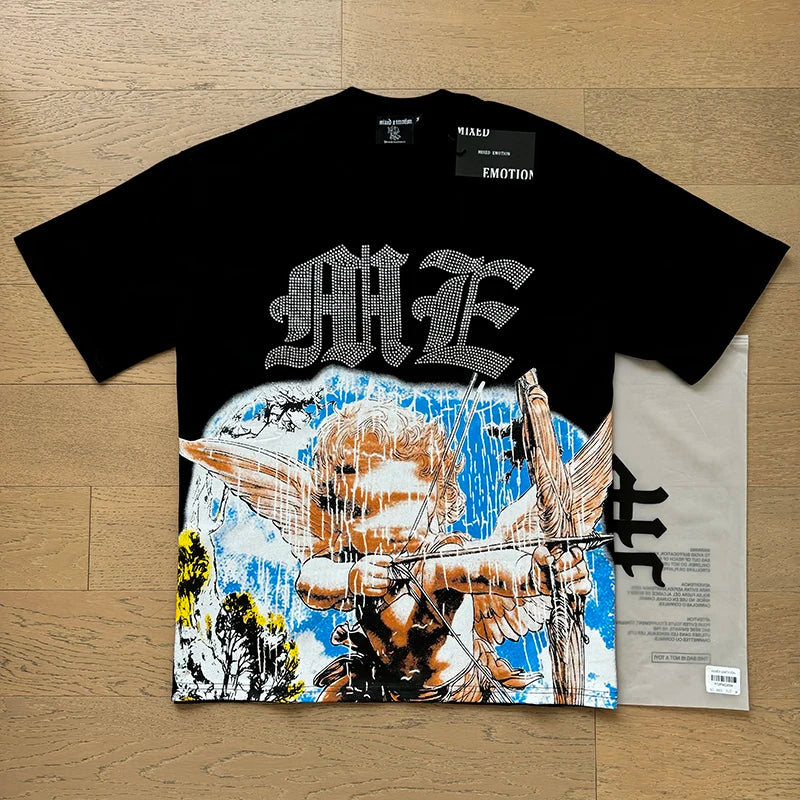 Fashion Brand MIXED EMOTION T-shirts Men Women Couple Streetwear Angel Print Summer Top Tee Round Neck Short Sleeve